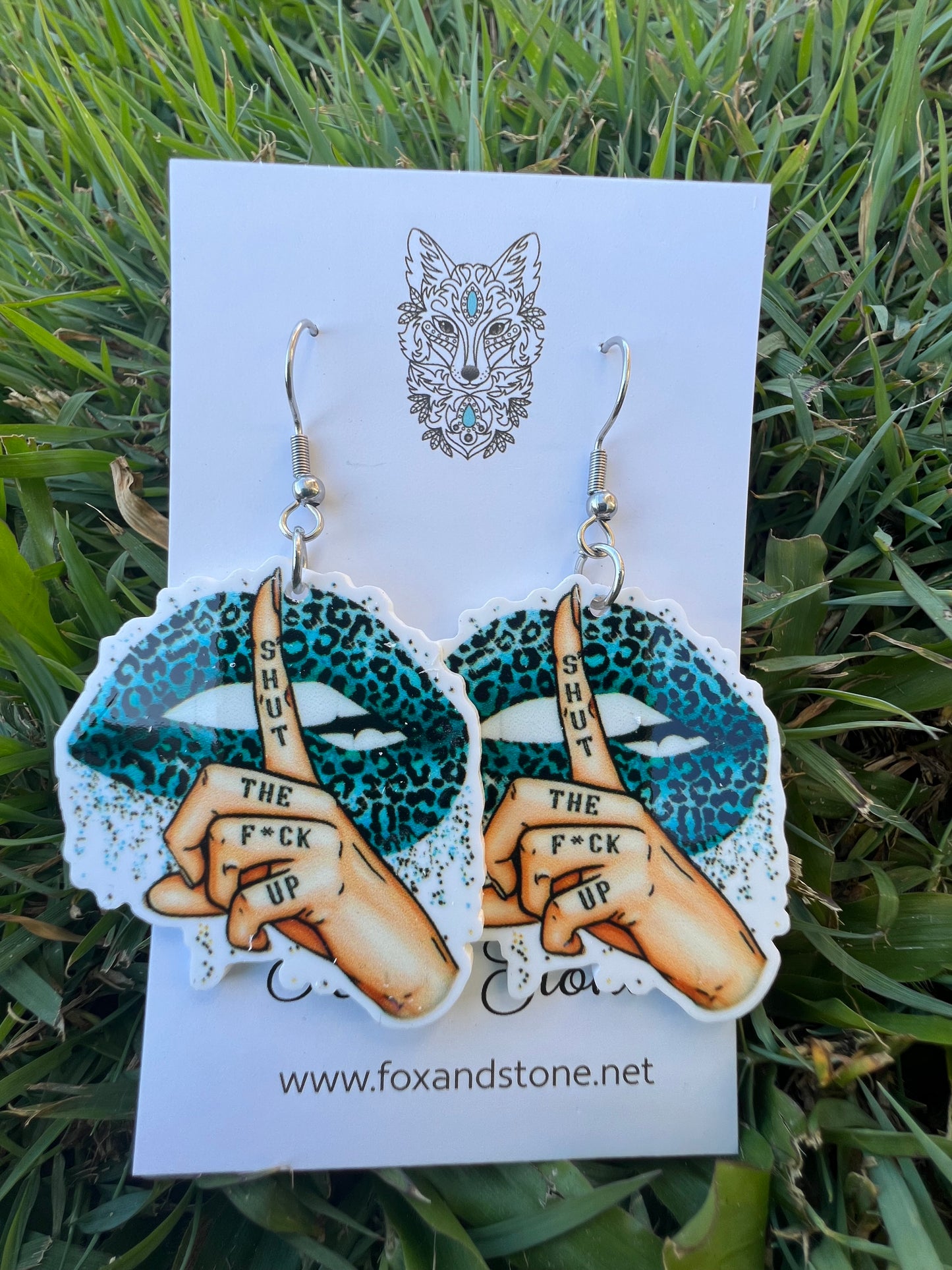 Shut The F#ck Up Teal Leopard Earrings