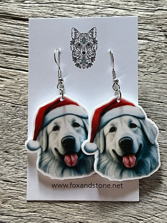 Great Pyrenees Santa Hat Dog Earrings
