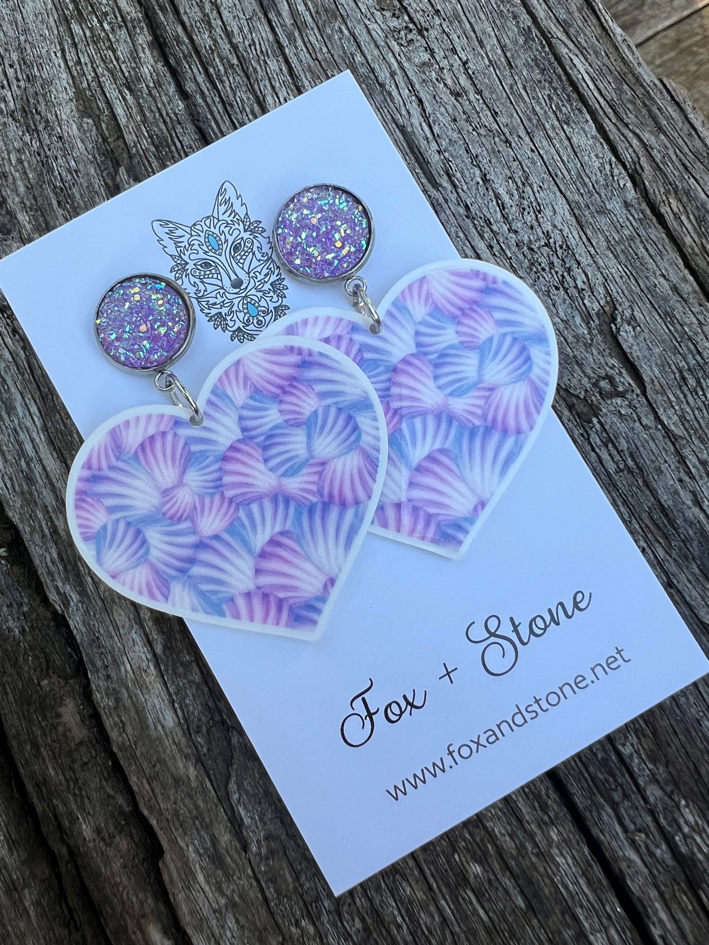 Sea Shells Purple Stud Heart Earrings