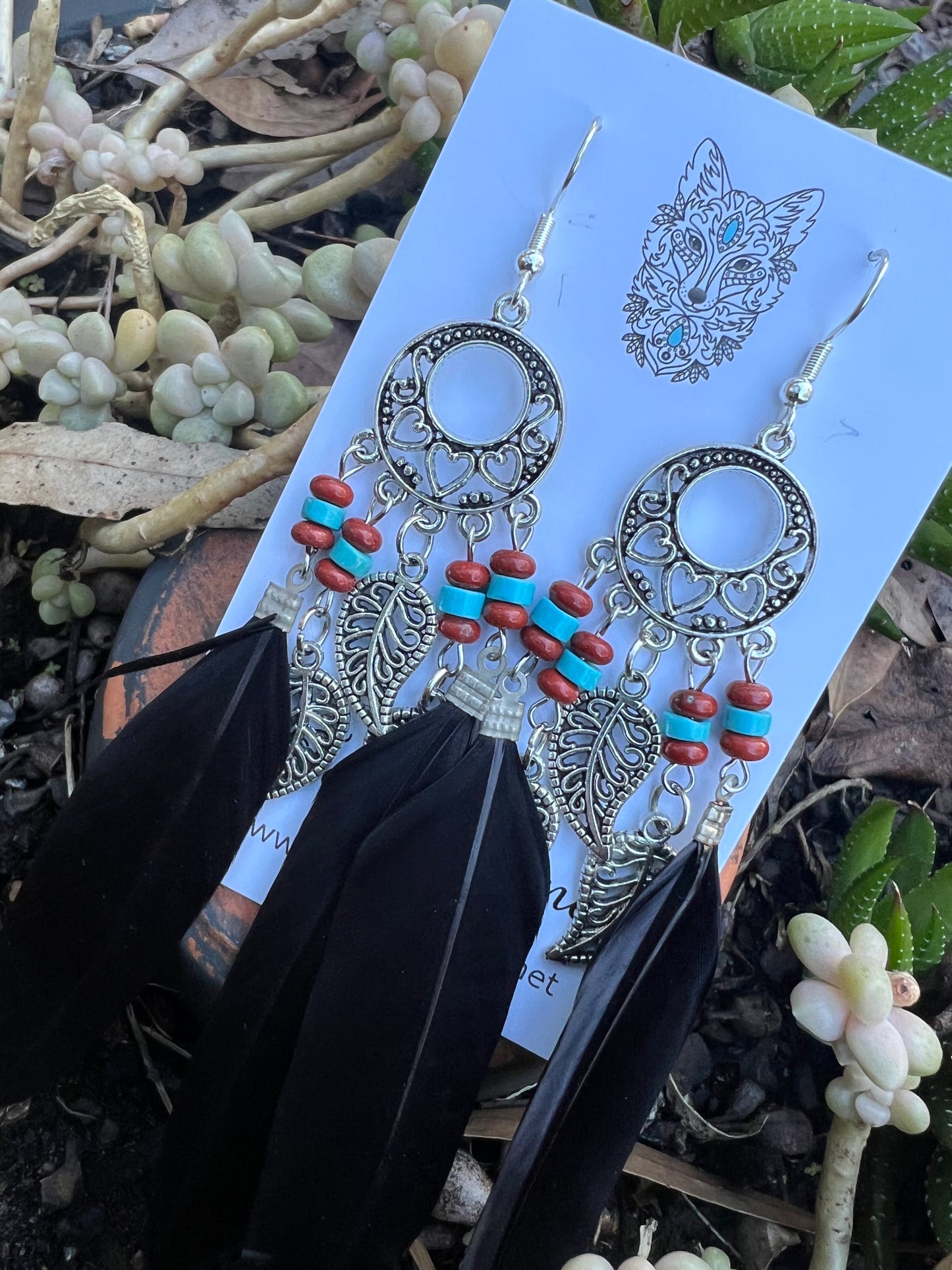 Stunning Silver Leaf Black Feather Earrings