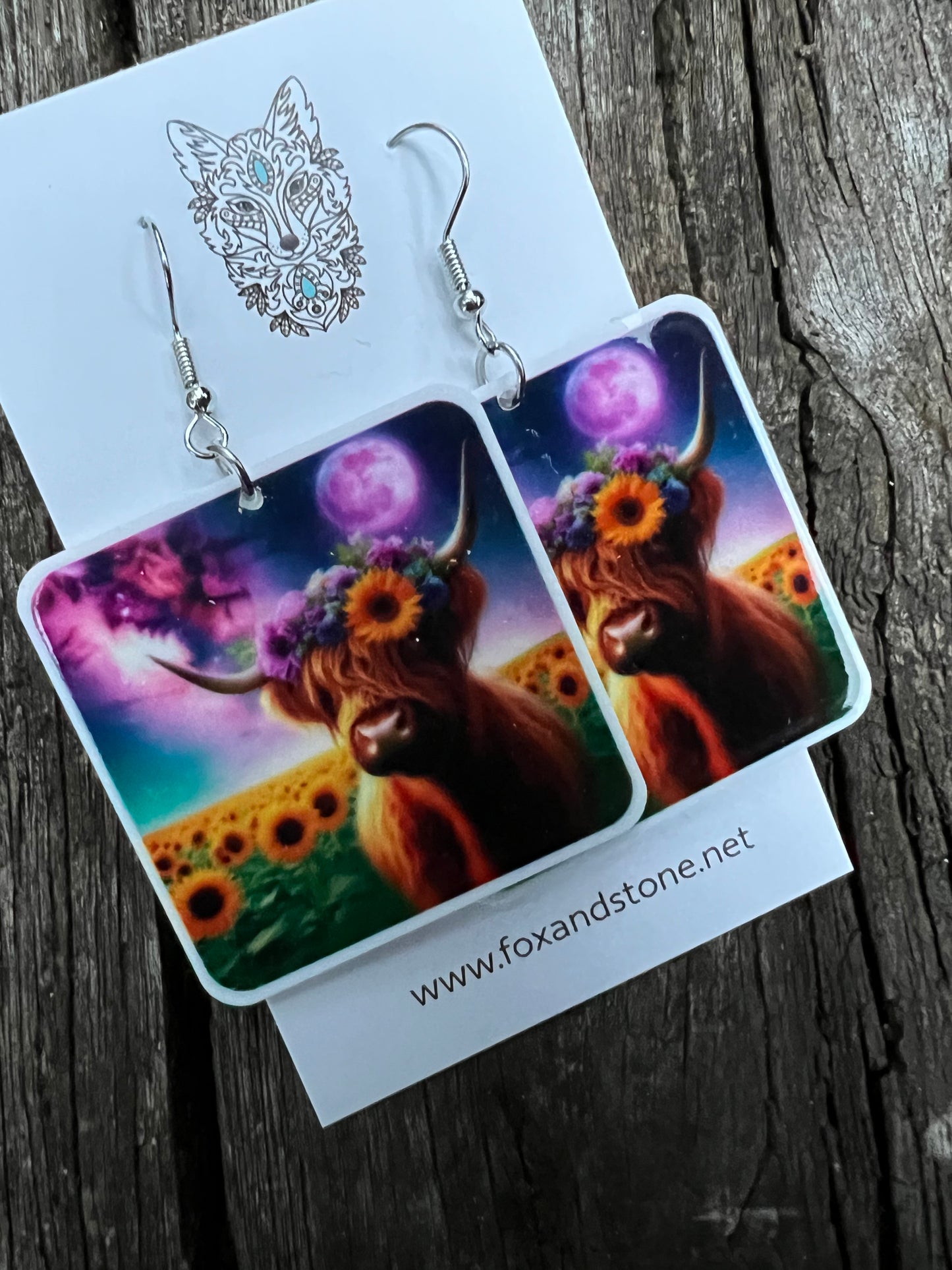 Galaxy Moon Highland Cow Earrings