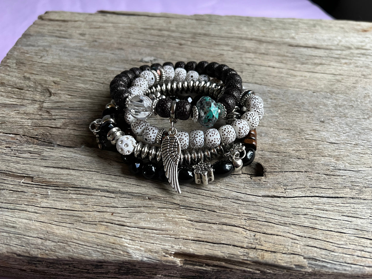 Silver Leaf Beaded Bracelet Stack