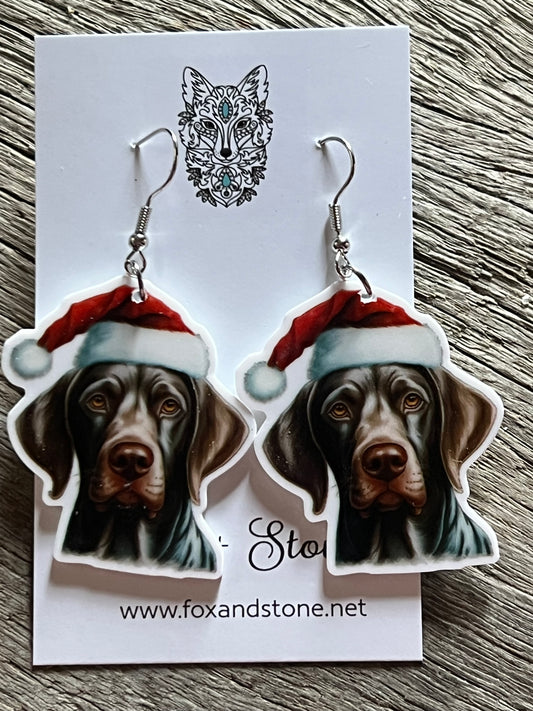 German Short Haired Pointer Santa Hat Dog Earrings