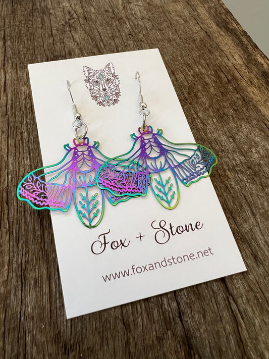 Iridescent Moth Filigree Earrings