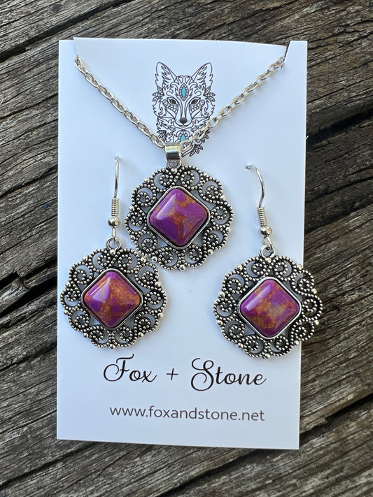Antique Silver Dyed Jasper Pendant Earring Set