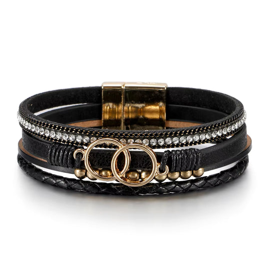 Black Double Ring Faux Leather Bracelet