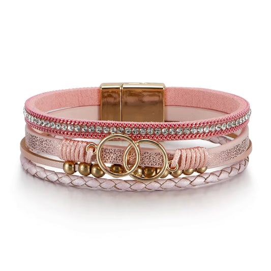 Pink Double Ring Faux Leather Bracelet