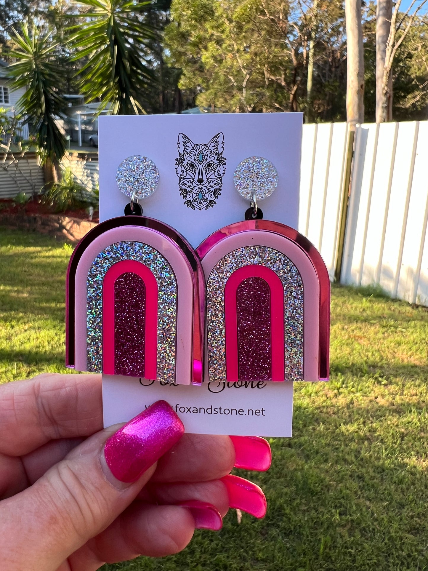 Beautiful Statement Pink Glitter Arch Earrings