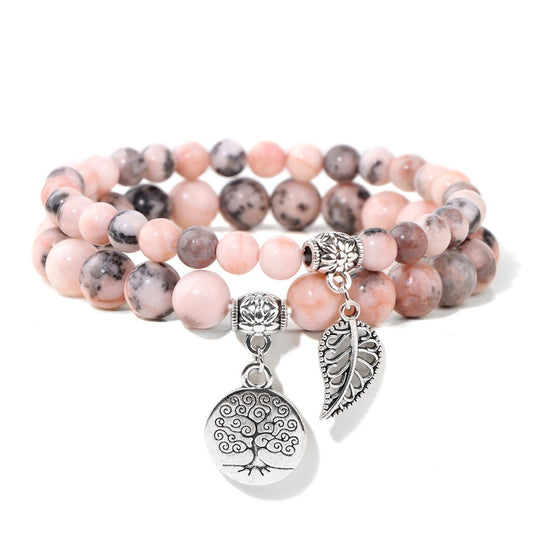 Pink Zebra Jasper Double Gemstone Silver Charm Bracelet Stack