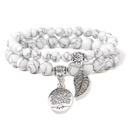 Howlite Double Gemstone Silver Charm Bracelet Stack