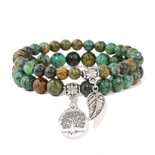 African Turquoise Gemstone Silver Charm Bracelet Stack