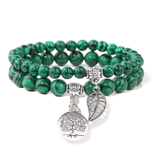 Malachite Gemstone Silver Charm Bracelet Stack