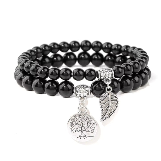 Obsidian Double Gemstone Silver Charm Bracelet Stack