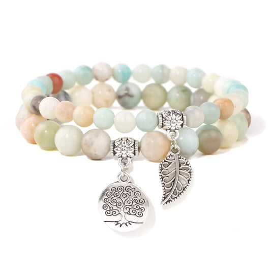 Amazonite Double Gemstone Silver Charm Bracelet Stack