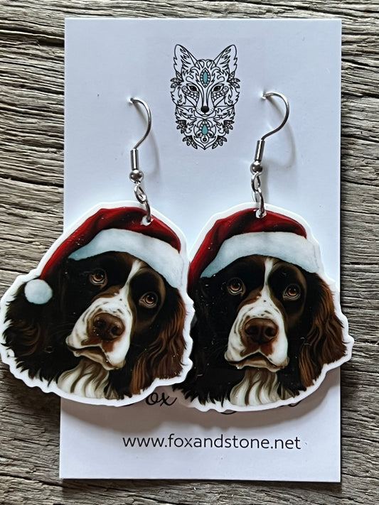 Springer Spaniel Santa Hat Dog Earrings
