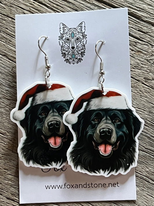 Newfoundland Santa Hat Dog Earrings