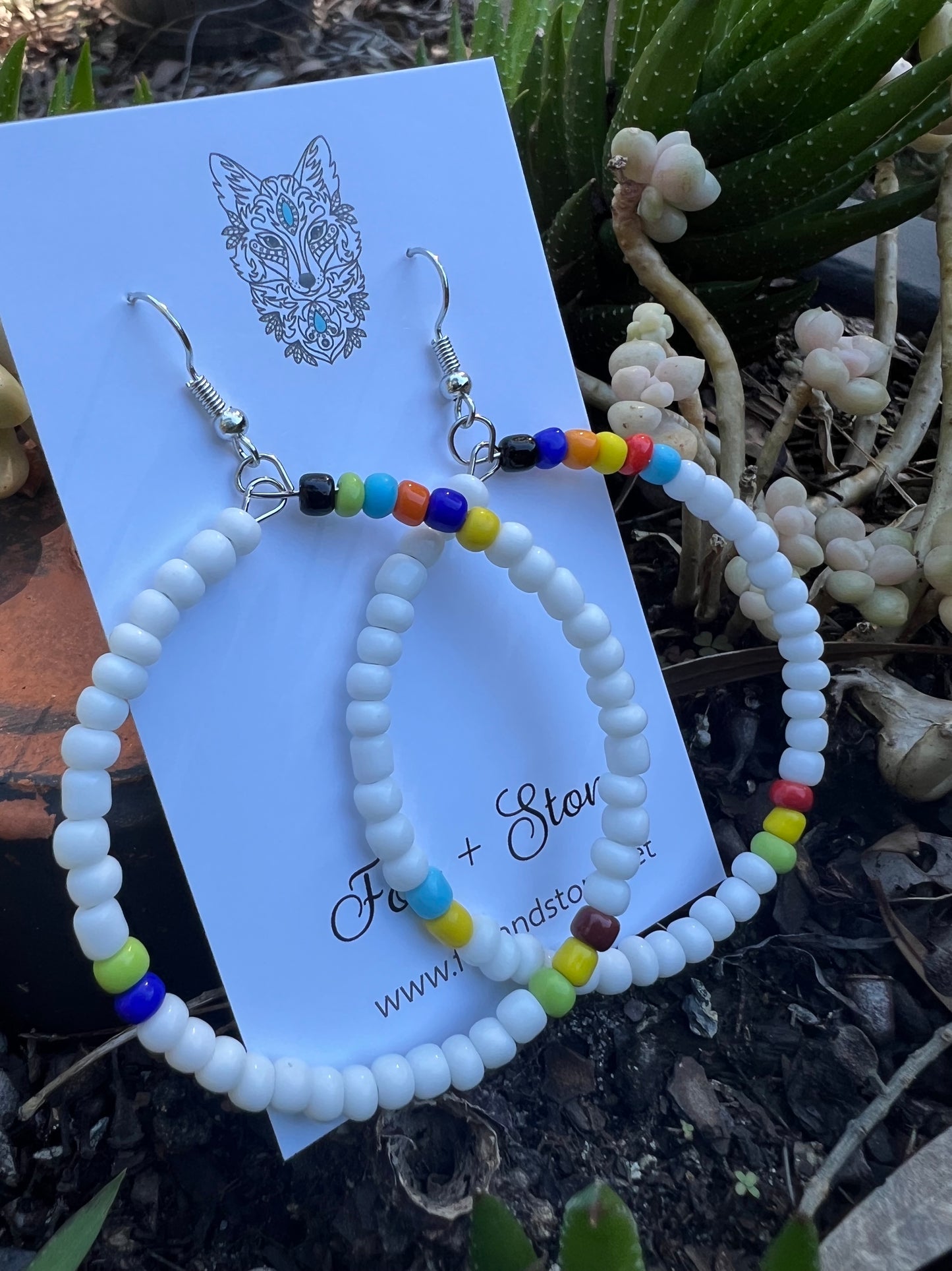 White Large Beaded Hoop Earrings