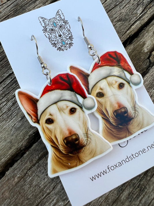 Roman Nose Bull Terrier Santa Hat Dog Earrings