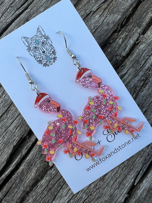 Flamingo Xmas Lights Christmas Earrings