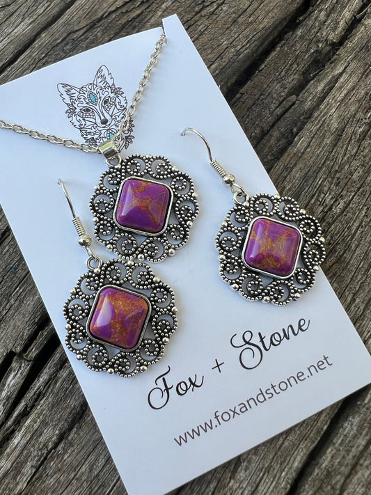 Antique Silver Dyed Jasper Pendant Earring Set