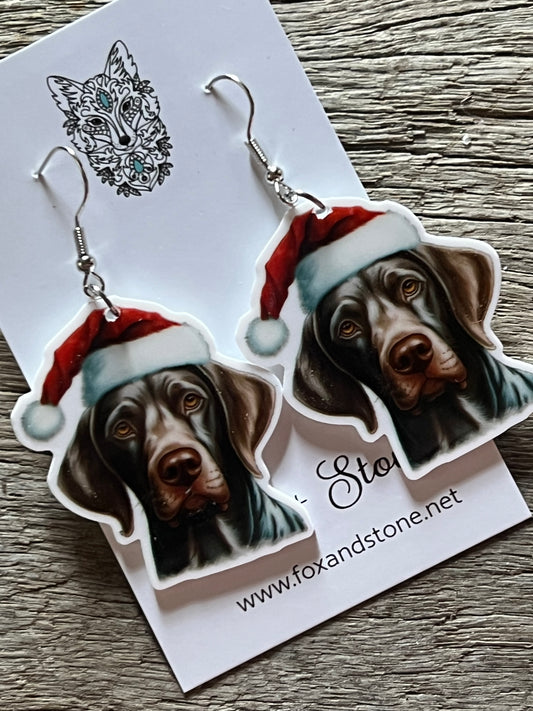 German Short Haired Pointer Santa Hat Dog Earrings
