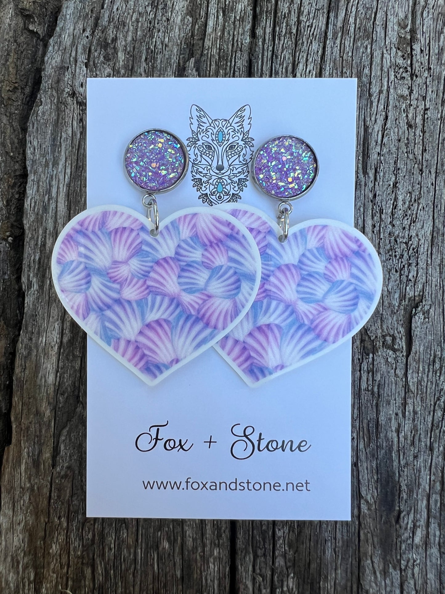Sea Shells Purple Stud Heart Earrings