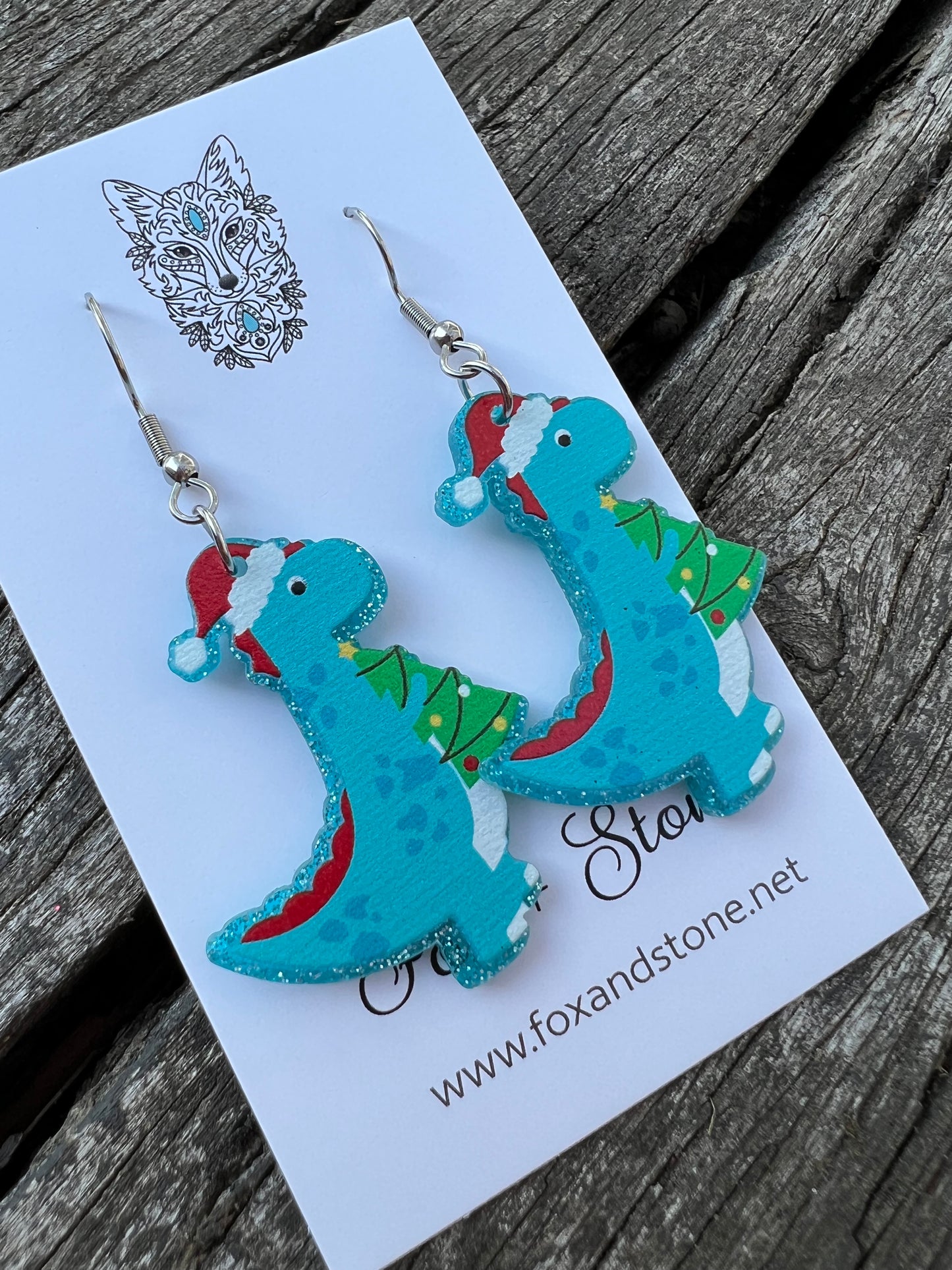 Blue Dino Xmas Earrings