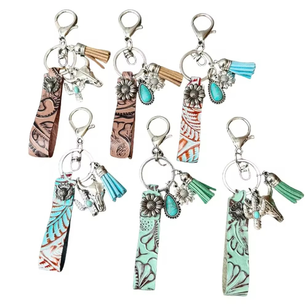 Tooled Dyed Faux Leather Western Vibe Turquoise Keyring