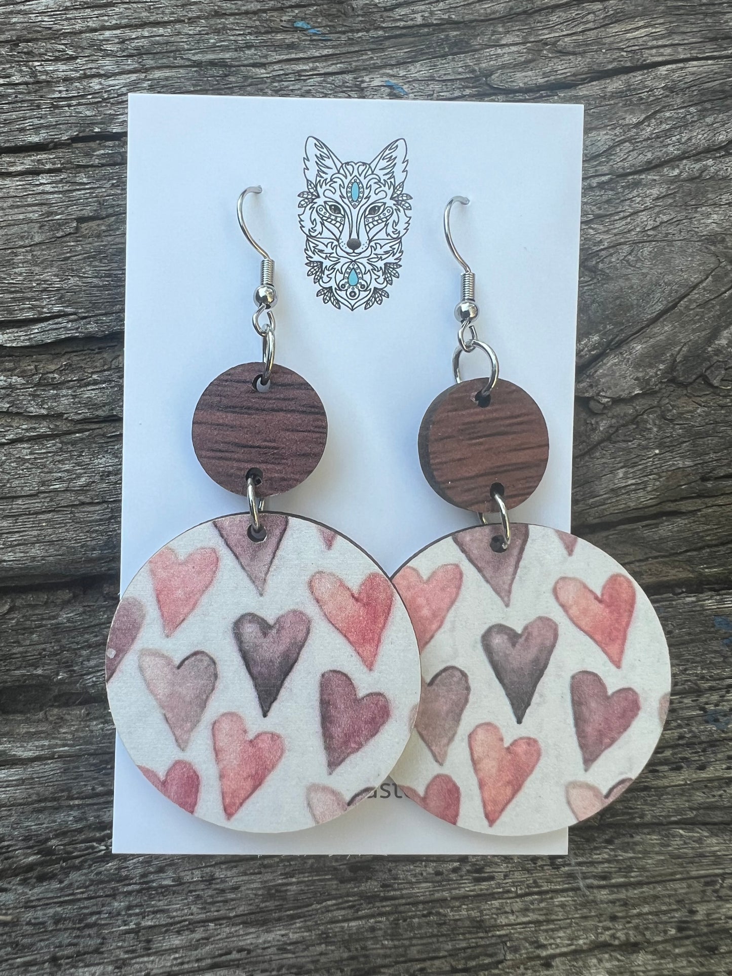 Round Wood Hearts Print Dangles