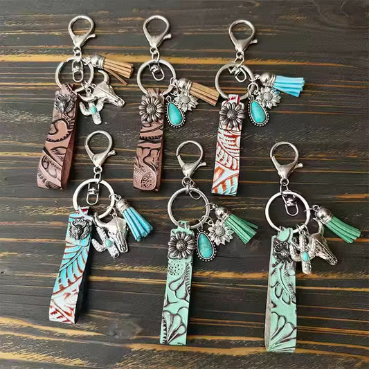 Tooled Dyed Faux Leather Positive Vibe Turquoise Keyring