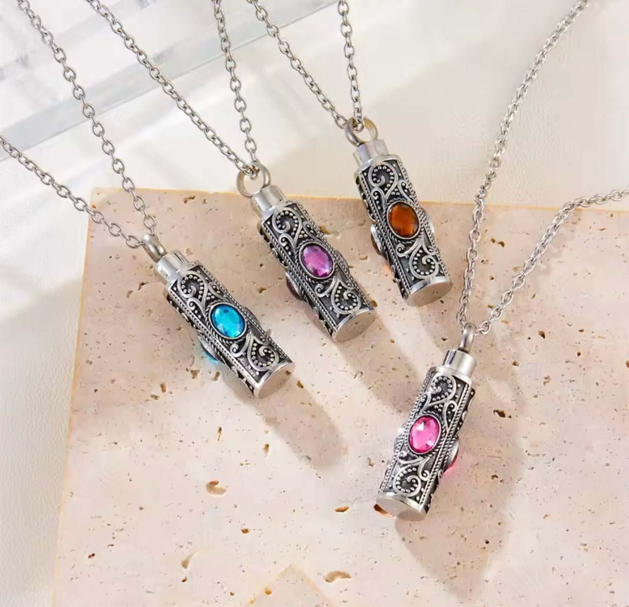 Ashes Keepsake Pendant Stainless Steel Purple Stones