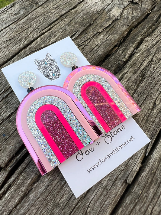 Beautiful Statement Pink Glitter Arch Earrings