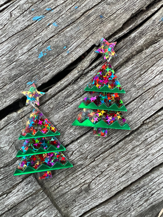 Beautiful Acrylic Mirror Xmas Tree Earrings C