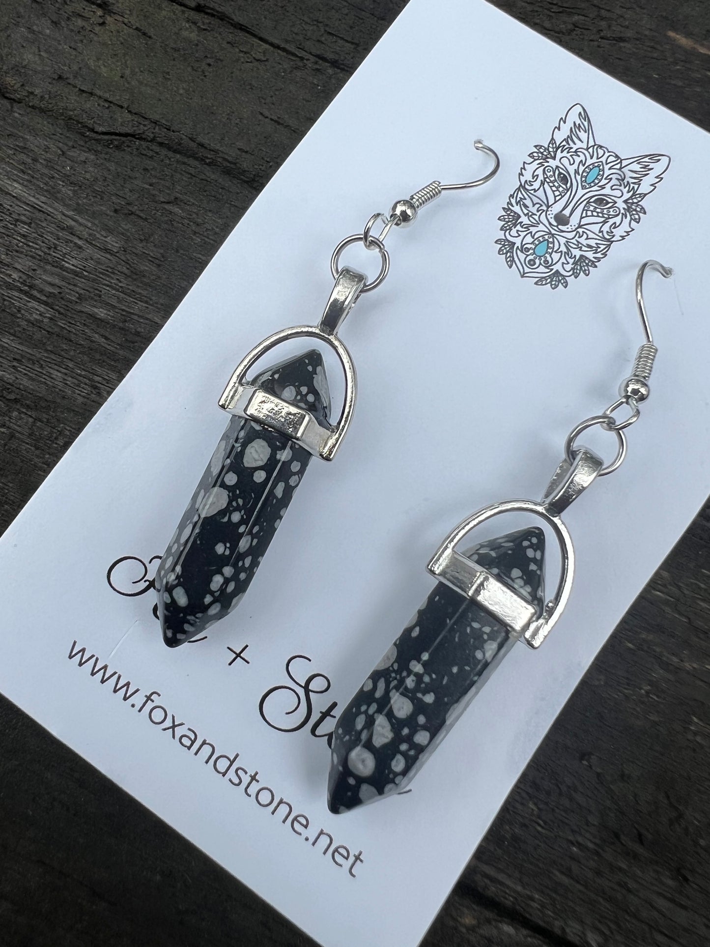 Snowflake Obsidian Gemstone Bullet Point Earrings