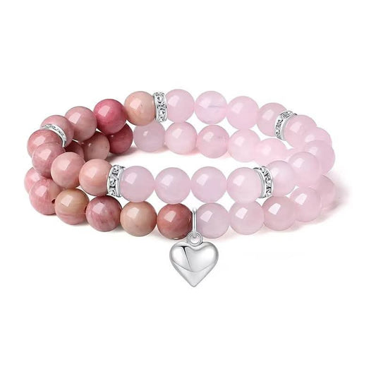 Rose Quartz Rhodanite Heart Charm Double Bracelet
