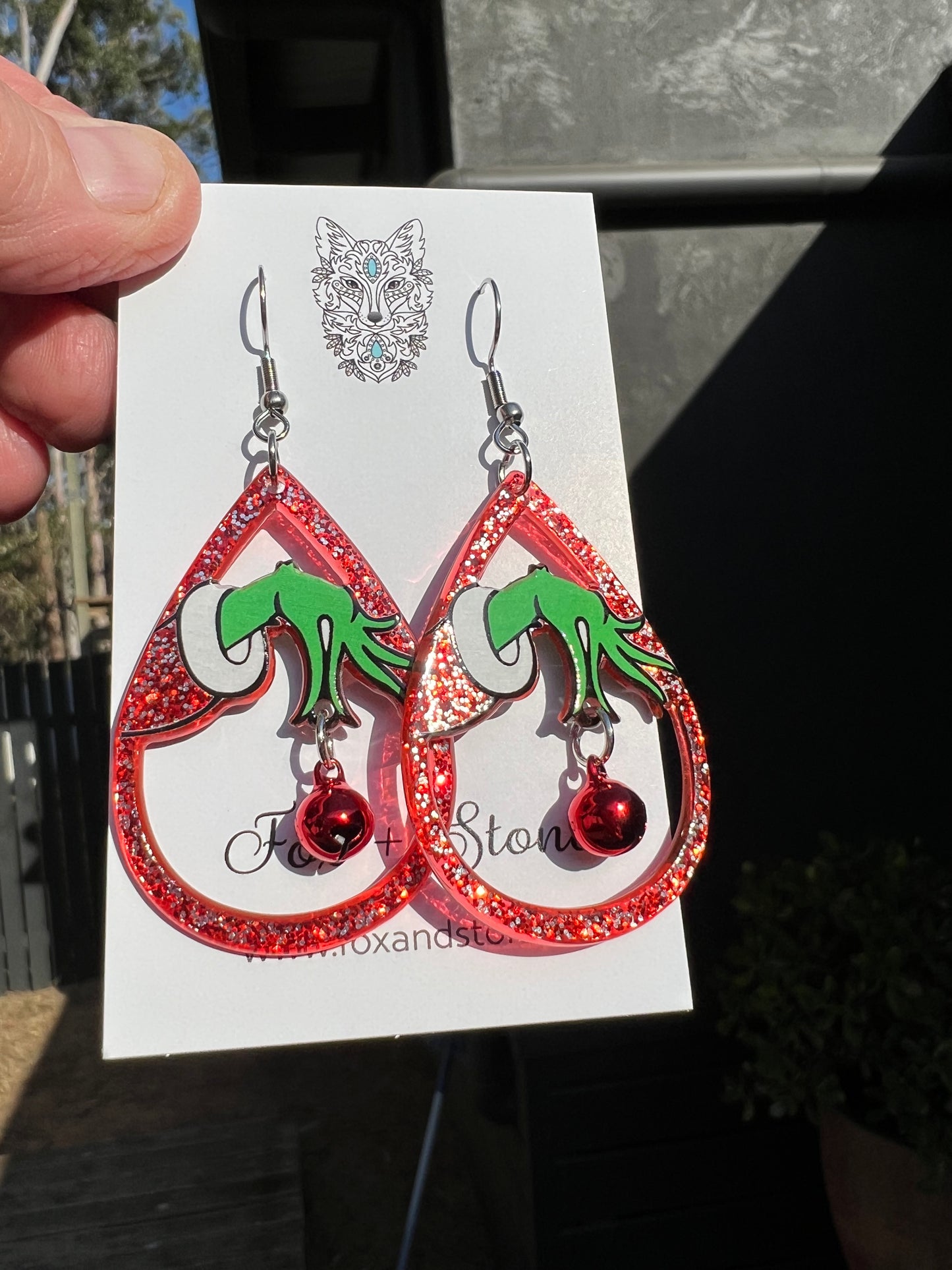 Grinch Resin + Jingle Bell Earrings