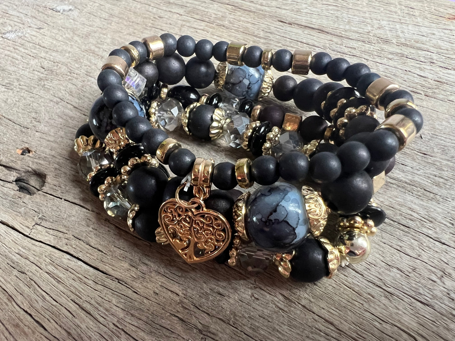 Black Heart Beaded Bracelet Stack