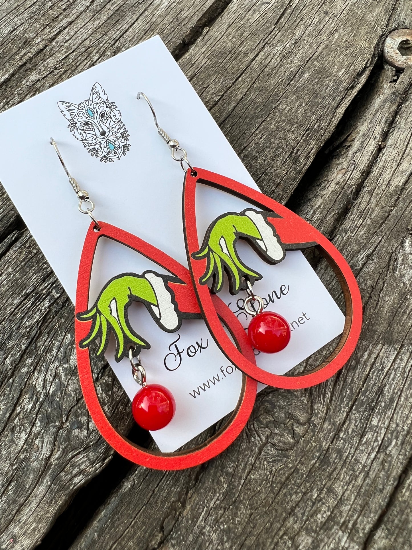 Grinch Wood + Bead Earrings
