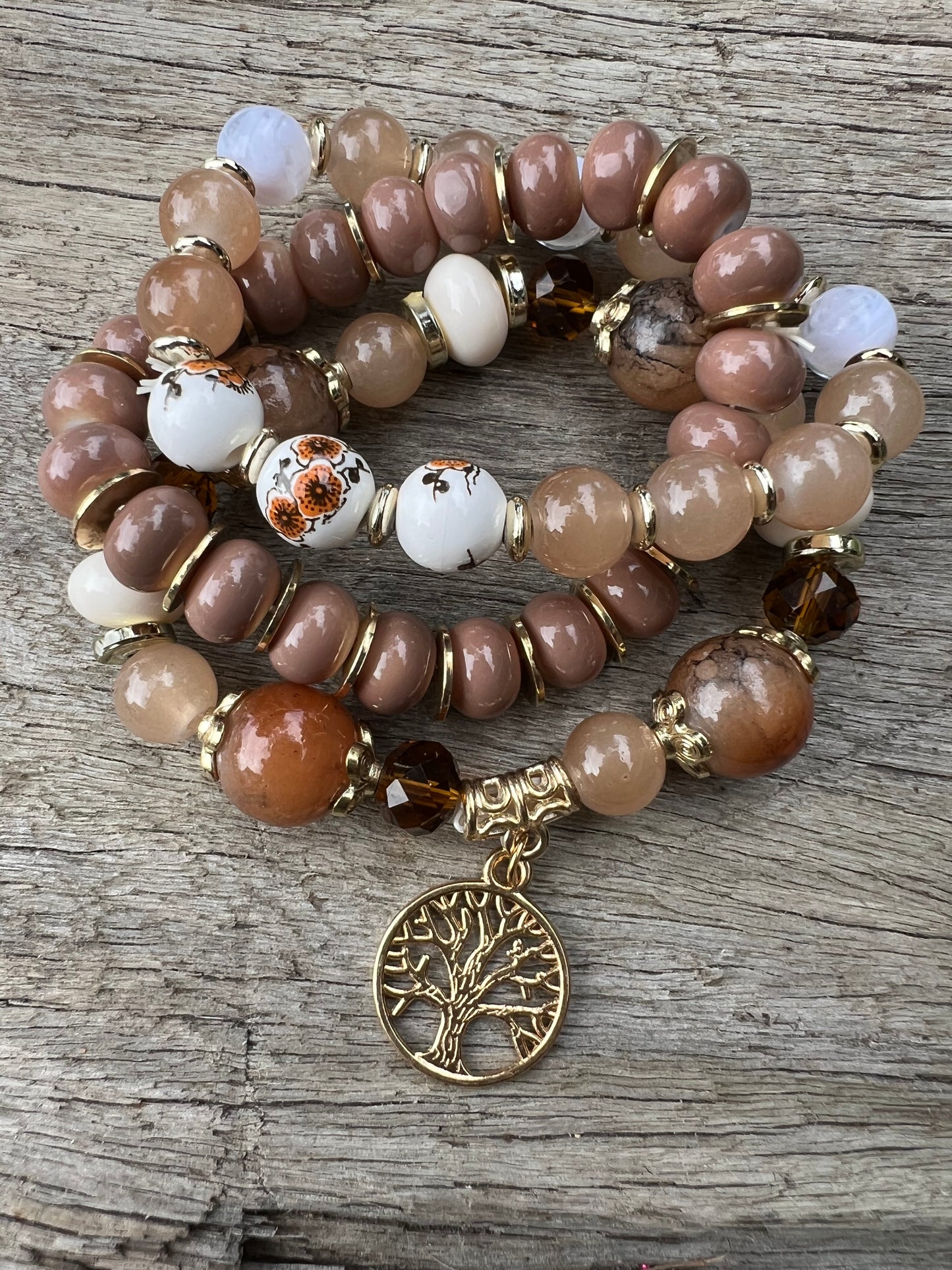 Earthy Floral Beaded Bracelet Stack