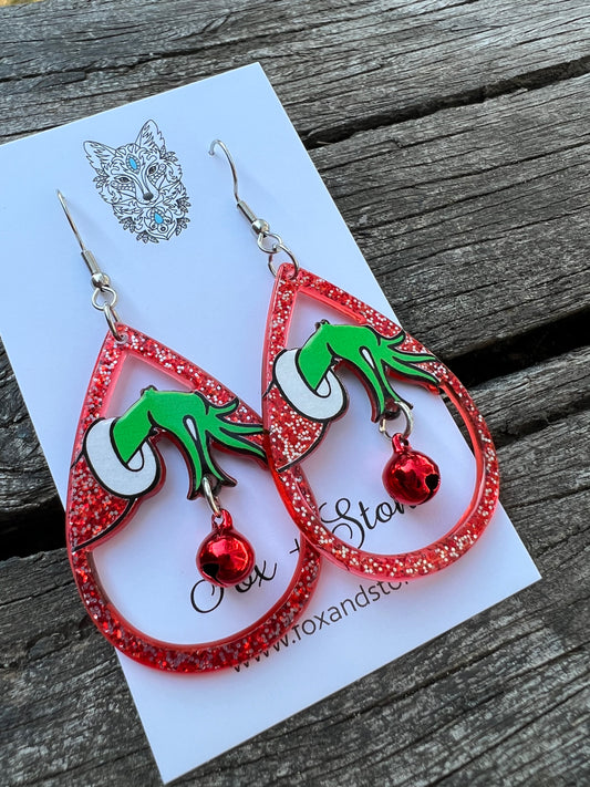 Grinch Resin + Jingle Bell Earrings
