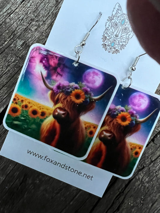 Galaxy Moon Highland Cow Earrings