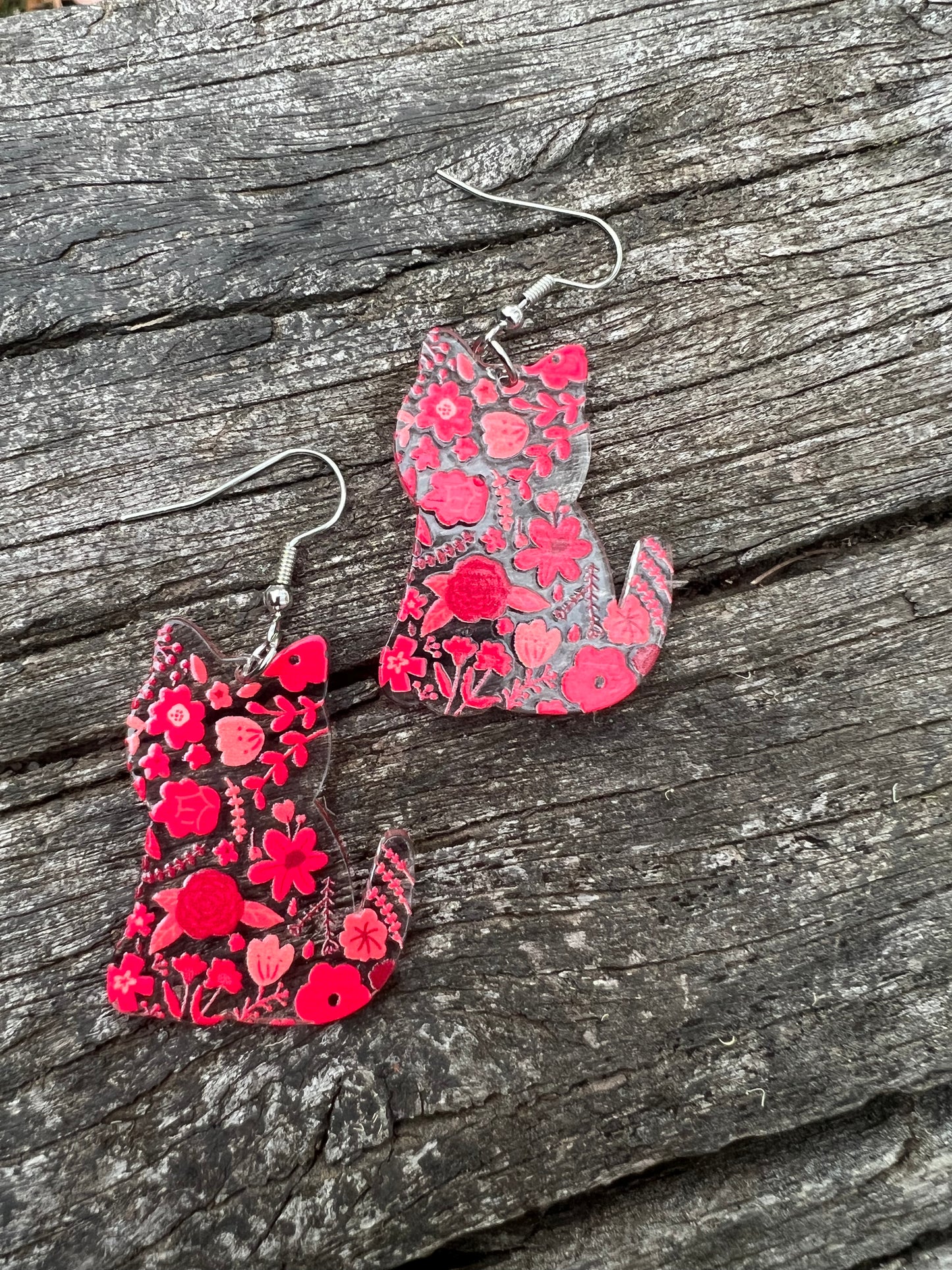 Pretty Red Floral Cat Earrings