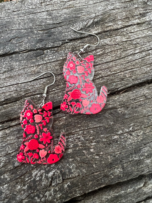 Pretty Red Floral Cat Earrings
