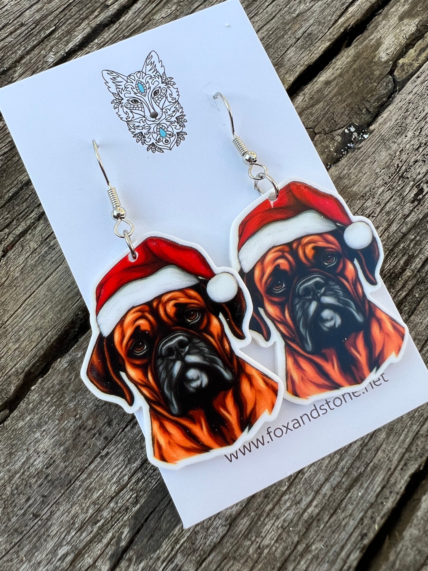 Boxer Santa Hat Dog Earrings