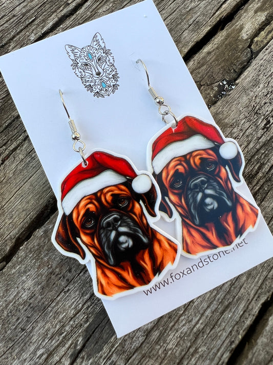 Boxer Santa Hat Dog Earrings