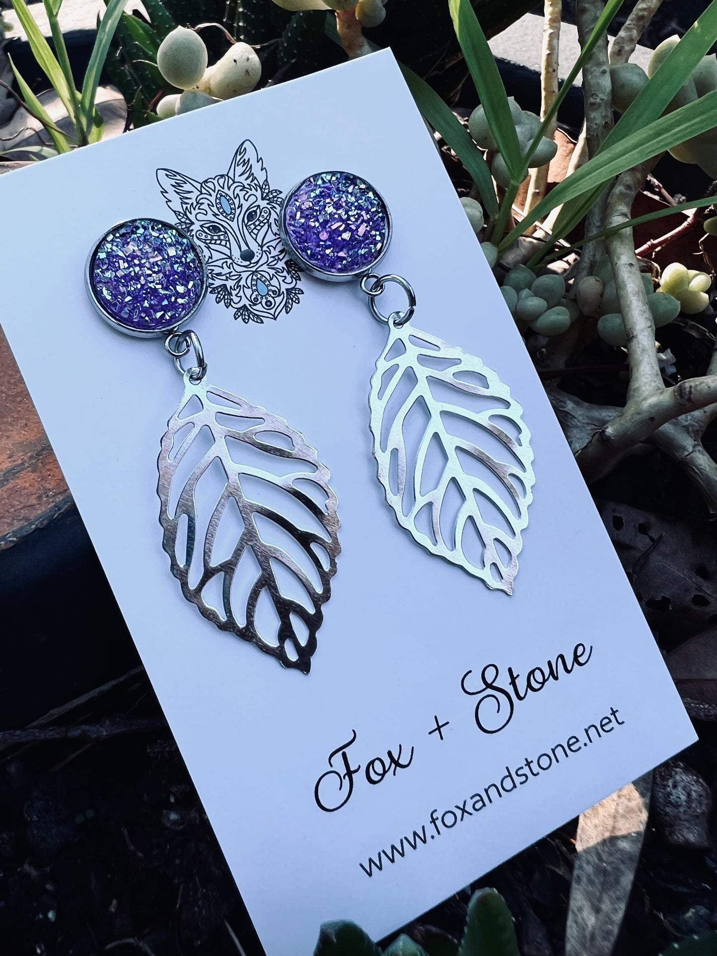 Purple Ice Silver Leaf Druzy Earrings