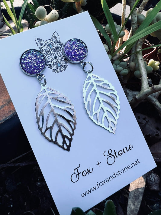 Purple Ice Silver Leaf Druzy Earrings