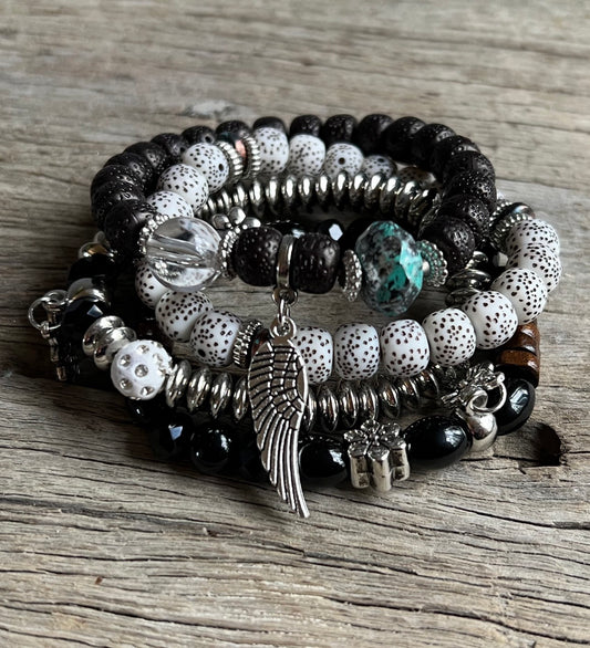 Silver Leaf Beaded Bracelet Stack