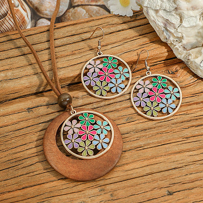 Wood Flower Pendant Earring Set