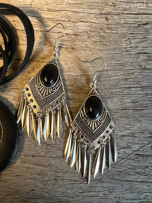 Antique Silver Onyx Pendant Earring Set